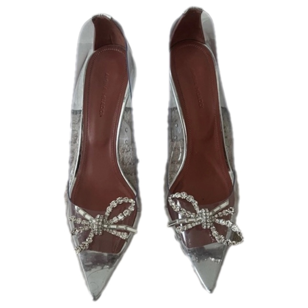 Amina Muaddi Silver Heels with Crystal Bow